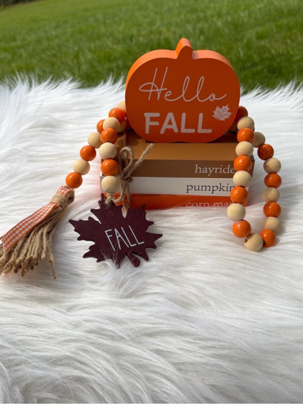 Hello Fall Orange Pumpkin Wooden Book Decor Stack with Maple Leaf Bead Garland